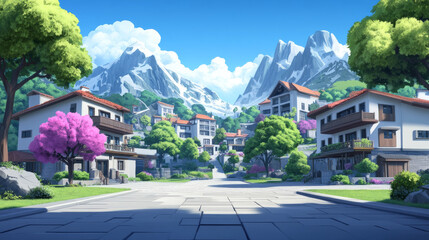 Canvas Print - A charming village nestled in a valley, surrounded by snow-capped mountains and vibrant greenery.