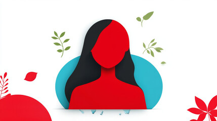 Sticker - Silhouette of a woman with long black hair against a white background with a red and blue circular pattern.