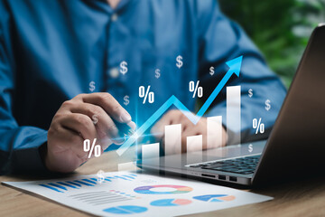 Analysis of finance growth graph and market investment target, Businessman start planning financial business next year, Development to achieve goals long-term investment, Digital marketing