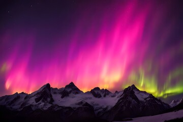 mountains in silhouette with a bright yellow and pink aurora lighting the night, ai generated
