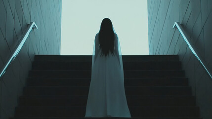 Poster - A woman in a white dress walks up a dark staircase towards a bright light.