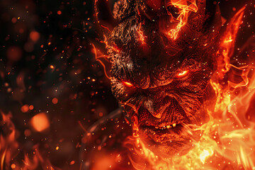 Scary sinister devil is in hell with dramatic fire lighting