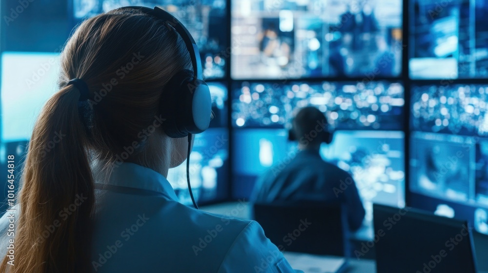 Headsets Control Room Operators Emergency workers wear headsets as they monitor the situation in a high ...