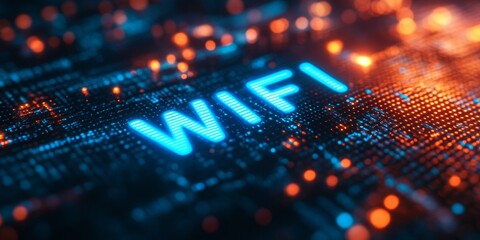 Poster - glowing blue wifi hologram with abstract blurred background, futuristic ambiance, digital technology