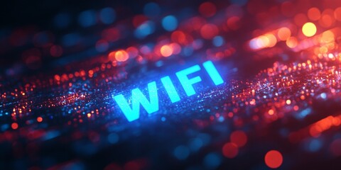 Wall Mural - glowing blue wifi hologram with abstract blurred background, modern digital aesthetic, technology-in