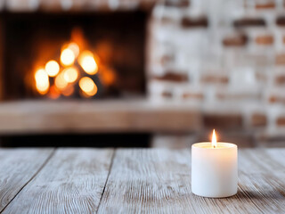 Poster - White candle burning on an empty wooden table with a fireplace in the background, creating a warm and cozy atmosphere