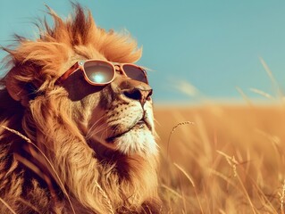 Wall Mural - Stylish Lion Wearing Sunglasses Basking in Savanna Sunshine