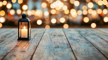 Poster - Lantern is illuminating an empty wooden table with beautiful bokeh lights in the background