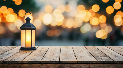 Poster - Old lantern is illuminating an empty wooden table at dusk with bokeh lights in the background