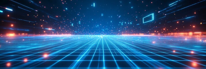 Wall Mural - futuristic blue hologram backdrop, glowing grid lines, floating geometric shapes, digital data strea