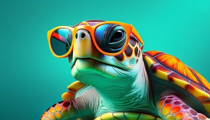 Cartoon colorful turtle with sunglasses on turquoise background