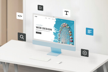 Leinwandbilder - Modern computer display in an isometric view on a work desk, showcasing a web design studio page with floating web modules like text, icons, settings, code, play, font, and search