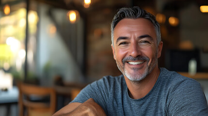 Middle-aged man smiling in a rustic modern setting.