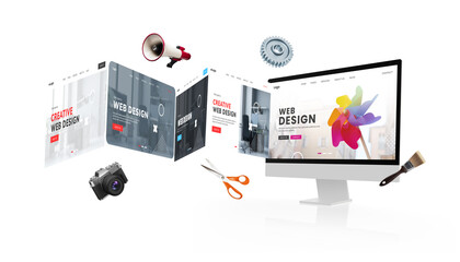 Leinwandbilder - Concept display of a web design studio with multiple websites fanning out, showcasing diverse styles and creativity in web development and design solutions