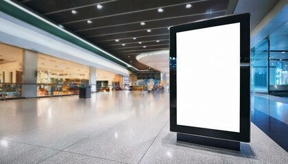 Wall Mural - Digital media blank black and white screen modern panel signboard for advertisement design in shopping centre gallery, mock-up with blurred background, digital kiosk