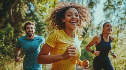 Wall Mural - Group of people jogging or running in a forest or woodland area, possibly for exercise or recreation.