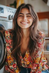 Canvas Print - A woman sits in front of a washing machine, engaged in her household chores.