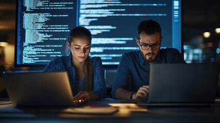 Two diverse software developers Both men and women Sitting side by side using a laptop computer, large screens around it display code as they work on software development. 