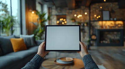 Wall Mural - Photo of a person holding an iPad Pro with a blank screen, showcasing modern technology in a casual setting.
