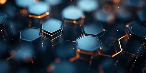 Wall Mural - floating hexagons in metallic patterns, polygonal shapes merging, dark high-tech backdrop, futuristi