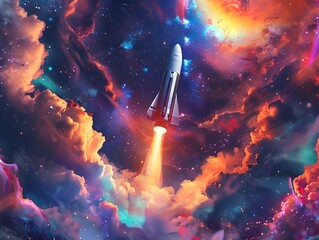 Wall Mural - vibrant cosmic rocket soaring through swirling nebula in deep space adventure
