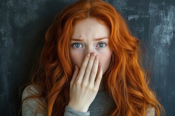 Wall Mural - A woman with red hair covering her face, possibly hiding from view or trying to conceal her identity.