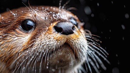 A close-up image of a playful otter's face covered in water droplets, capturing the curious and joyful expression as it revels in a watery environment.