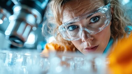 Wall Mural - a scientist wearing protective eyewear examines a sample through a microscope, displaying detailed c