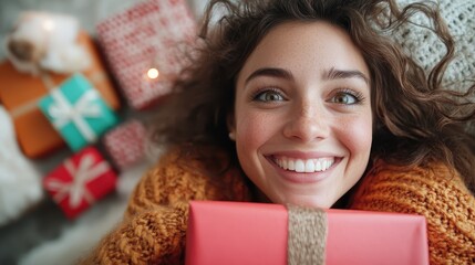 A cheerful woman wearing an orange sweater joyfully holds a gift box with a wide smile, representing happiness and excitement amidst a soft, festive background setting.