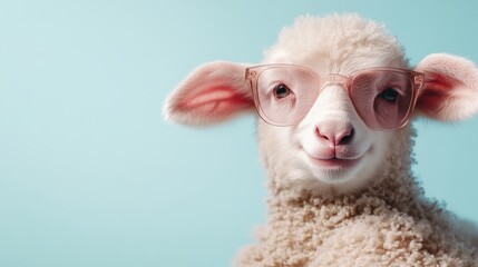 An adorable fluffy lamb poses with stylish sunglasses against a soft blue background, exuding charm and a playful fashion-forward vibe.