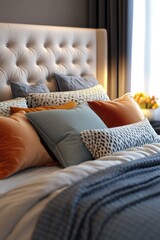 Poster - A bed with a stack of colorful pillows.