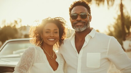 A happy couple is captured smiling brightly, with a car and nature in the background, wearing casual white attire, and enjoying a sunny day together.