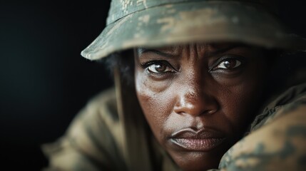 A focused gaze of a woman in military attire with a camouflage hat, showcasing intensity and determination against a dark, focused backdrop.