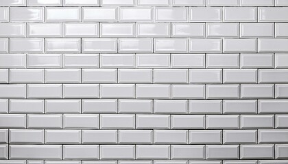 A seamless, close-up image of a white subway tile wall, featuring a classic brick pattern with a subtle gloss SEAMLESS PATTERN