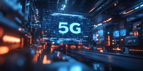 Poster - blue holographic 5g projection, sharp focus, blurred matrix-style background, futuristic technology 