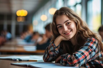 Wall Mural - Female student having an exam classroom looking happy.