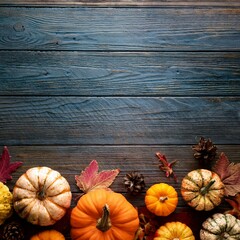 Autumn bottom border banner of pumpkins and fall decor on a rustic wood background with copy space