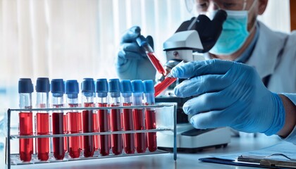 blood samples in test tubes as a hematology laboratory specialist conducts analysis, scrutinizing the red liquid under a microscope, crucial for medical diagnosis and treatment.