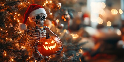 Skeleton Santa with glowing pumpkin, eerie Christmas tree backdrop, enchanting blurred lights creating a haunting holiday scene