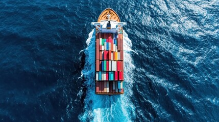 A majestic cargo ship sails through the deep blue ocean, creating white waves in its wake; it embodies global trade and the relentless nature of commerce at sea.