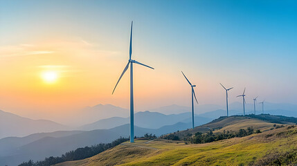 Wind Turbines Stand Tall Against a Sunset Sky Over Rolling Hills