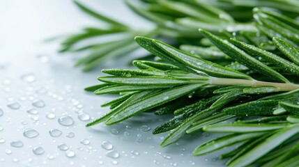 A detailed close-up image of fresh rosemary sprigs covered with water droplets, showcasing the freshness and vibrant green color of the aromatic herb.