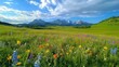 © songwut - A wildflower meadow in full bloom, a kaleidoscope of colors with snow-capped peaks in the distance