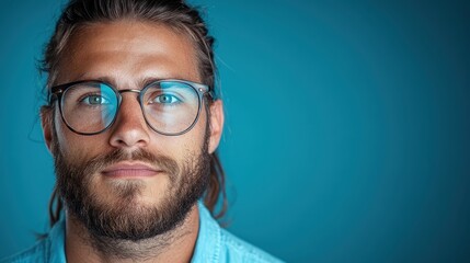 This portrait displays a man with glasses and a composed expression against a tranquil blue background, emphasizing his introspective nature and modern style.