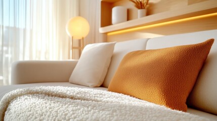 This image portrays a modern living room featuring an elegant couch adorned with orange accent pillows, set against soft lighting and draped sheer curtains.