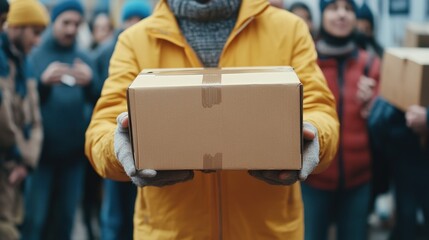 volunteering and giving box in park of donation, community service or social responsibility. Happy guy, NGO worker and helping with package outdoor for charity, support or society outreach