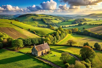 Aerial view of a scenic countryside landscape with rolling hills and a charming cottage, depicting an idyllic nature scene.