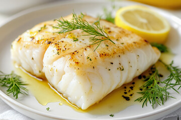 Delicious baked cod with lemon and herbs served on plate