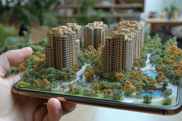 Hand holding a phone with a miniature city on it. The city has a park and a pond. Hand holding smartphone, virtual reality city model, modern technology, augmented reality, technology concept