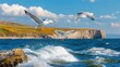 © songwut - Coastal cliffs with waves crashing below, dramatic scenery with seagulls flying overhead